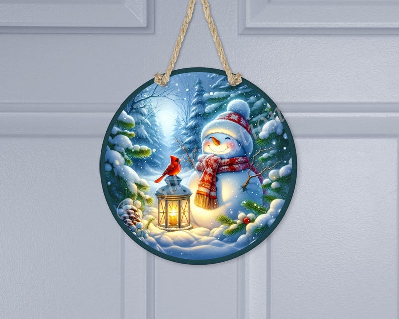 Round Sublimation Door Hanger PNG Design- Snowman and Cardinal - 12 ...