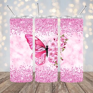 20oz Sublimation - Pink Flowered Butterfly - Straight Tumbler Wrap - PNG Design- 20oz Skinny Tumbler Wrap Design