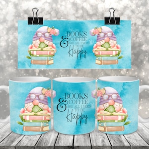 Books and Coffee Gnome - Sublimation Coffee Mug Wrap - PNG Designs