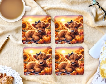 Sublimation Square Coasters - Autumn Highland Cow - Set of 4 Coaster Design - PNG Download