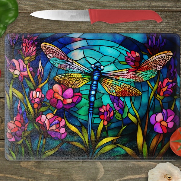 Glass Cutting Board Sublimation - Stained Glass Dragonfly - Cutting Board Design - 15.5 x 11.25 Inch - PNG Download