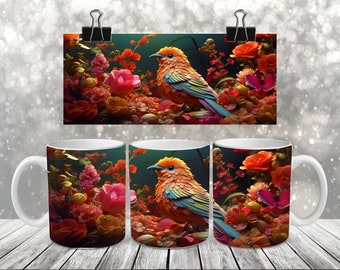 Sublimation Coffee Mug - 3D Orange Bird and Flowers - Coffee Mug Wrap PNG Design