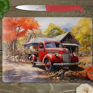 Glass Cutting Board Sublimation -Watercolor Old Red Truck - 15.5 x 11.25 Inch - PNG Download - Digital Download-