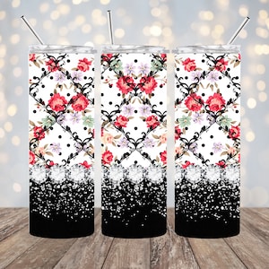20oz Sublimation - Flowers and Diamonds - Straight Tumbler Wrap - PNG Design- 20oz Skinny Tumbler Wrap Design