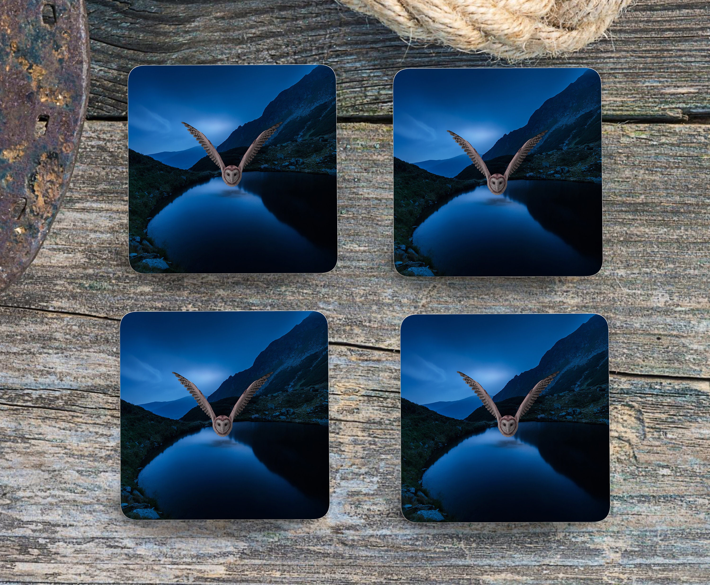 Sublimation Square Coasters - Owl In The Valley - Set of 4 Coaster Design - PNG Download