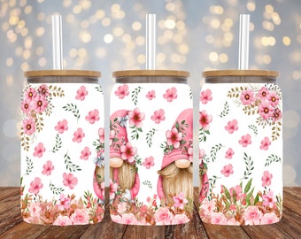 16oz Libbey Sublimation - Pink Flower Gnomes - Libbey Glass Can Wrap - PNG Design