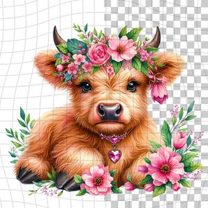 Mucca delle Highlands primaverili - Clipart acquerello, Clipart digitale PNG - Scrapbooking, sfondo trasparente,