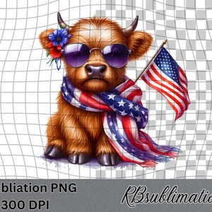 Patriotic Highland Cow - Watercolor Clipart - PNG Digital Clipart - Scrapbooking - Transparent Background