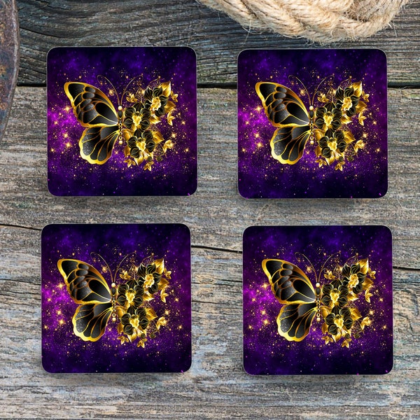 Sublimation Square Coasters - Black and Gold Butterfly Galaxy - Set of 4 Coaster Design - PNG Download