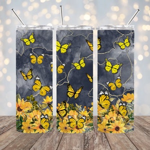 20oz Sublimation - Yellow Flowers and Butterflies - Straight Tumbler Wrap - PNG Design- 20oz Skinny Tumbler Wrap Design