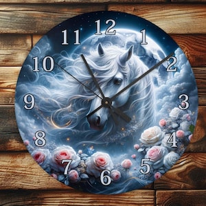 May include: A white unicorn with a flowing mane and tail is depicted on a blue and white clock face with roman numerals. The clock is surrounded by pink and white flowers.