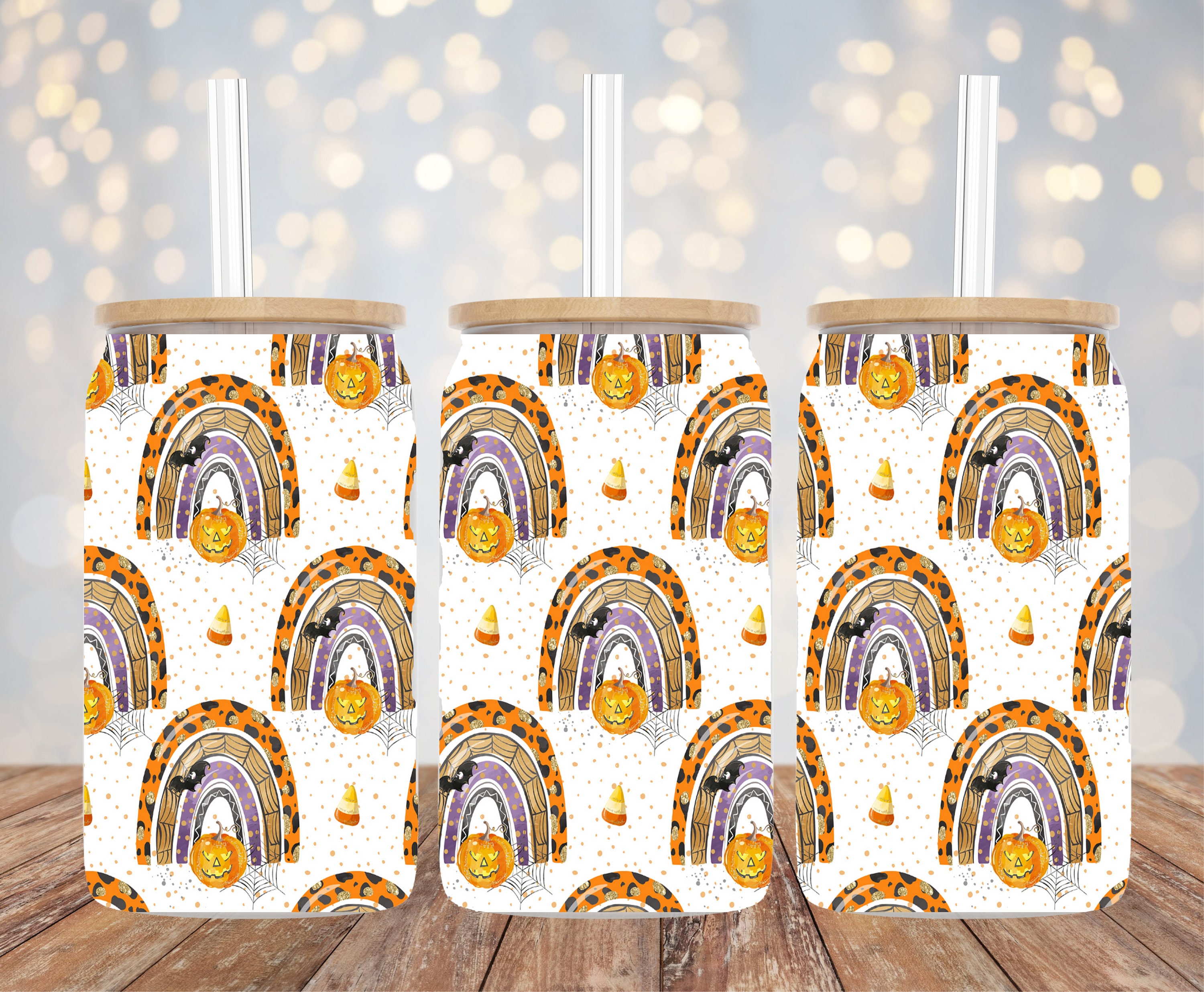 16oz Libbey Sublimation - Halloween Boho Rainbow - Glass Can Wrap - PNG ...