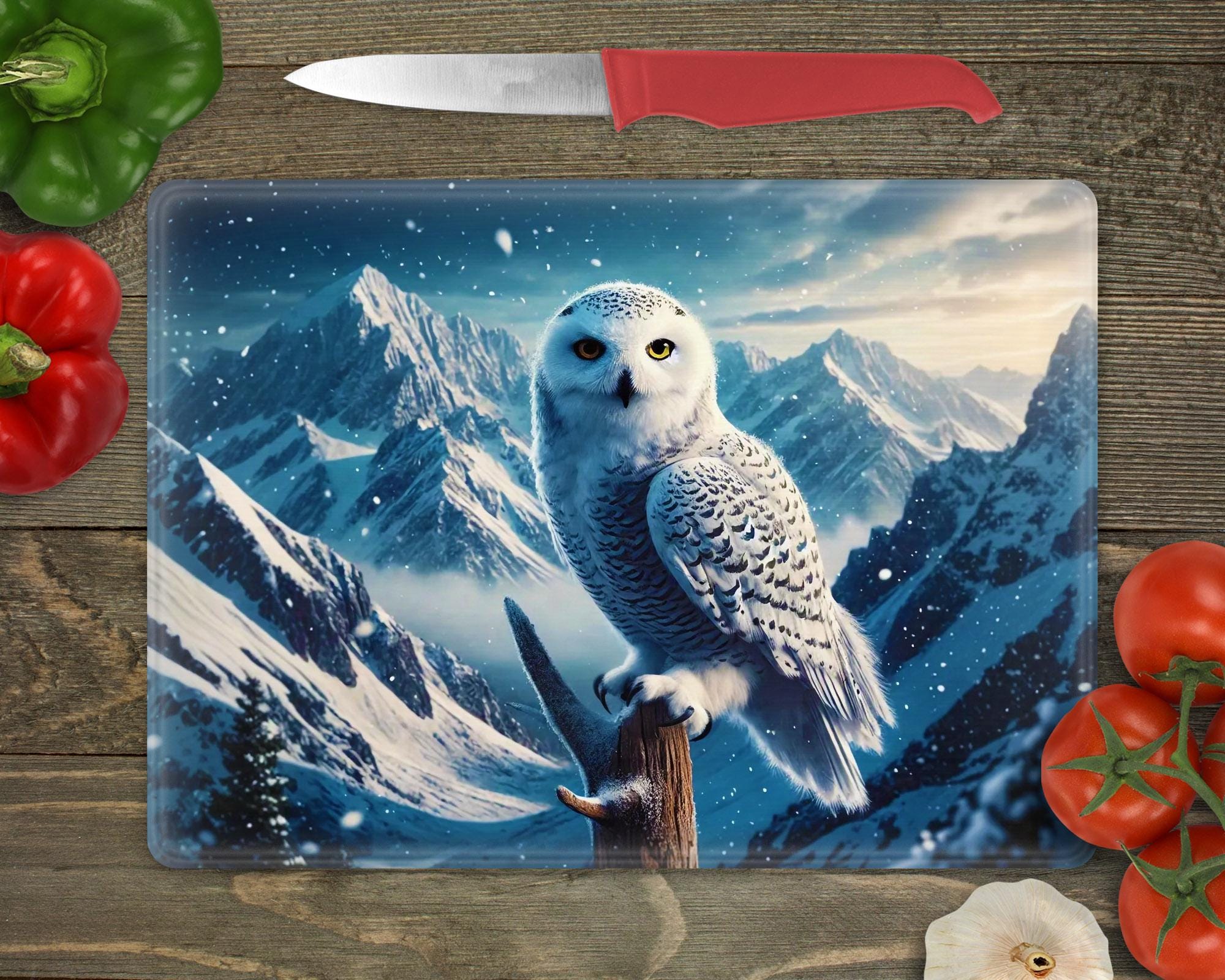 Glass Cutting Board Sublimation - Snow Owl in the Mountains - 15.5 x 11.25 Inch - PNG Download - Dig