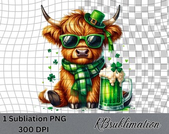 St Patrick Day Highland Cow- Watercolor Clipart - PNG Digital Clipart - Scrapbooking - Transparent Background