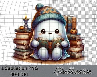 Lindo fantasma leyendo libros - Imágenes prediseñadas en acuarela - Imágenes prediseñadas digitales PNG - Scrapbooking - Fondo transparente