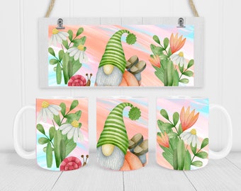 Koffiemok sublimatie kabouter en bloemen Mokomslag, PNG-ontwerp