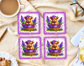 Sublimation Square Coasters - Highland Cow In Purple Flowers - Set of 4 Coaster Design - PNG Download