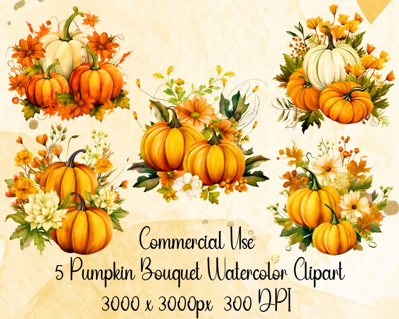 Watercolor Pumpkin Bouquet Clipart - 5 PNG Designs - Etsy
