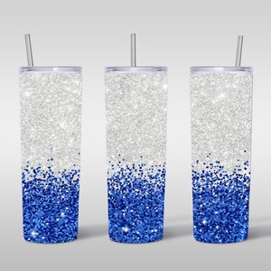 20oz Sublimation Tumbler Blue Glitter Straight Tumbler Wrap PNG Design- 20oz Skinny Tumbler Wrap Design