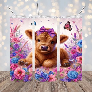 Cute Spring Cow Tumbler Wrap  - 20oz Skinny Sublimation Tumbler Designs,  Highland Cow Sublimation Tumbler Design, Cow Tumbler Png Download