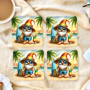 Sublimation Square Coasters - Beach Gnome - Set of 4 Coaster Design - PNG Download