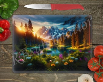 Szklana deska do krojenia z nadrukiem sublimacyjnym – Spokój w górach – Projekt deski do krojenia – 15,5 x 11,25 cala – Pobierz PNG RBsublimation