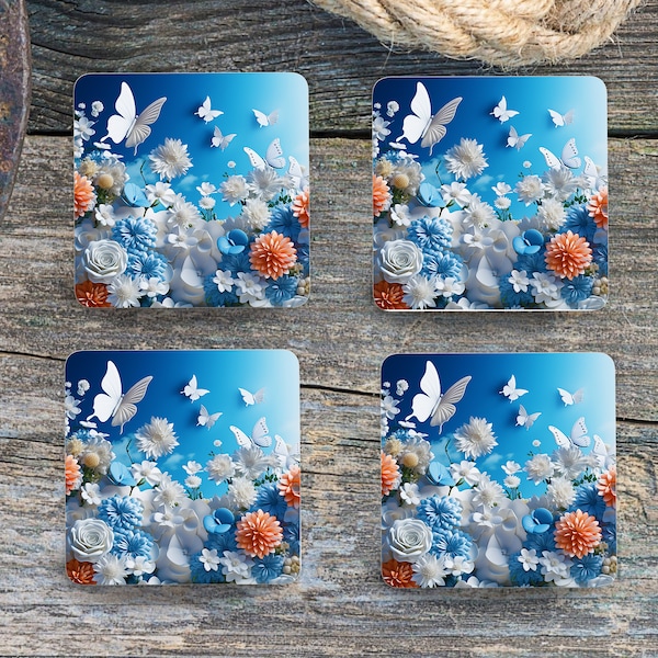 3D Flowers and Butterflies  - Sublimation Square Coasters -  - Set of 4 Coaster Design - PNG Download