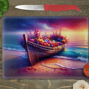 Glass Cutting Board Sublimation - Old Boat On The Beach - Cutting Board Design - 15.5 x 11.25 Inch - PNG Download-