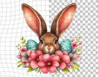 Osterhase und Blumen, Aquarell Clipart, PNG digitale Clipart, Scrapbooking, transparenter Hintergrund, Instant Download