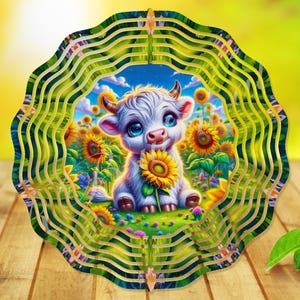 May include: A layered wooden decoration depicting a cartoon calf with a sunflower in a sunflower field. The design has a wavy, layered frame in green and gold. The background is a blurred, sunny scene, creating a cheerful aesthetic.