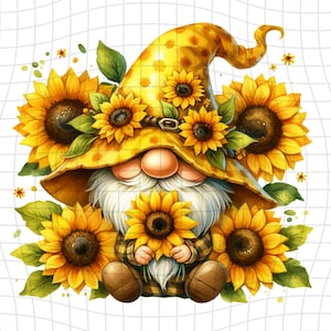 Op de afbeelding: Een gnome met een gele en witte stippenhoed met zonnebloemen rond de rand. De gnome houdt twee zonnebloemen in zijn handen en zit op een witte achtergrond.