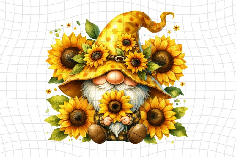 Op de afbeelding: Een gnome met een gele en witte stippenhoed met zonnebloemen rond de rand. De gnome houdt twee zonnebloemen in zijn handen en zit op een witte achtergrond.