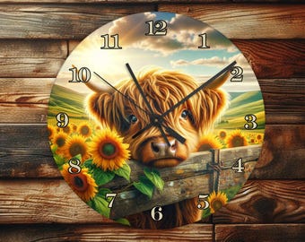 Highland Cow and Sunflowers- Wall Clock Design - With Numbers - PNG Design - Digital Download