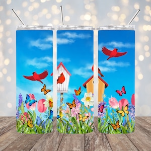 20oz Sublimation - Cardinals and Butterflies - Straight Tumbler Wrap - PNG Design- 20oz Skinny Tumbler Wrap Design