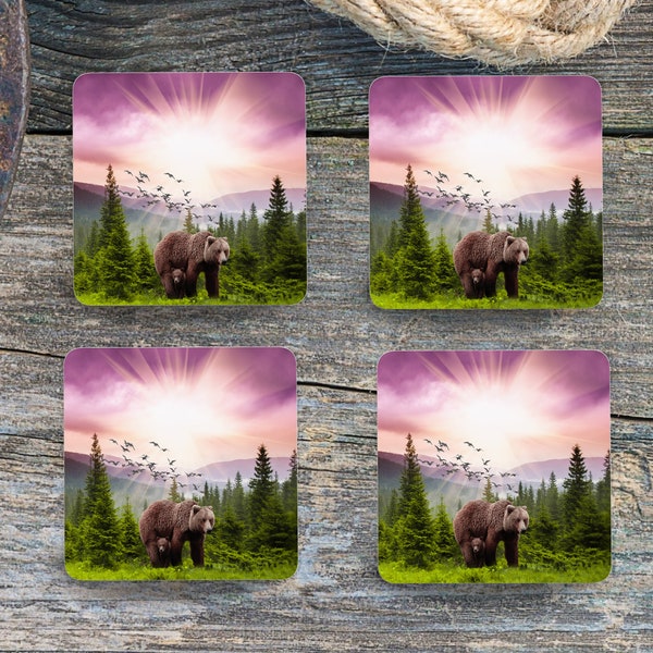 Sublimation Square Coasters - Bears In Pine Woods - Set of 4 Coaster Design - PNG Download