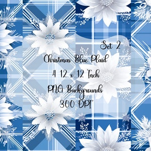 Christmas Blue Plaid Set 2 -4 Designs - Scrapbooking Printable Paper 12 x12 inch PNG Backgrounds - Commercial Use