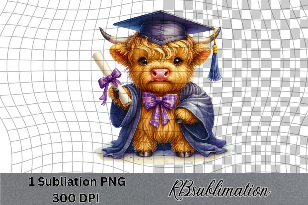 Graduation Highland Cow- Watercolor Clipart - PNG Digital Clipart ...