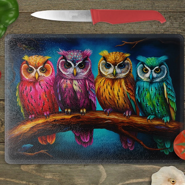 Glass Cutting Board Sublimation - Colorful Owls - Cutting Board Design - 15.5 x 11.25 Inch - PNG Download