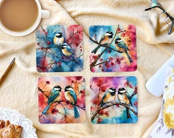 Vierkante sublimatieonderzetters - Chickadees met alcoholinkt - Set van 4 onderzettersontwerp - png-bestand downloaden
