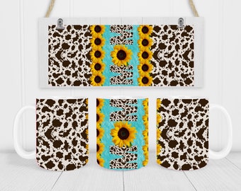 Sublimation Coffee Mug Cowhide Mom Sunflower Wrap PNG Design