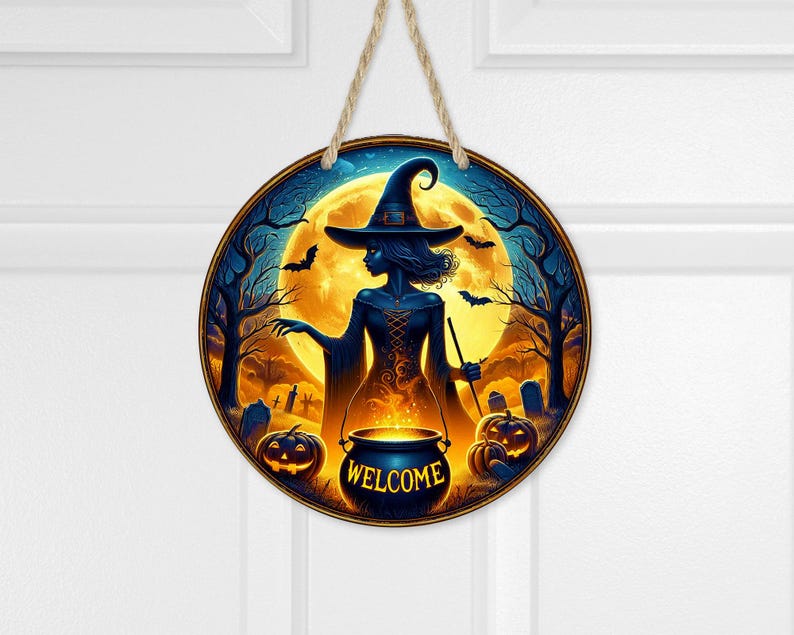 Round Sublimation Door Hanger PNG Design, Welcome Halloween Witch -, 12 ...