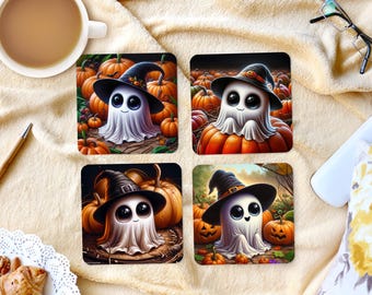 Sous-bocks carrés sublimation - Fantôme d'Halloween - 4 modèles de sous-bocks - Téléchargement PNG
