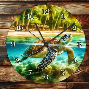 May include: A round clock with a green, blue, and brown tropical beach scene. The clock face has black Roman numerals and black hands. A sea turtle swims in the water with its head above the surface. The clock face reads 12:00.