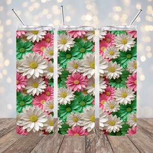3D Pink White and Green Flowers - 20oz Sublimation Tumbler Wrap - PNG Design - Digital Download- 20oz Skinny Tumbler Wrap Design