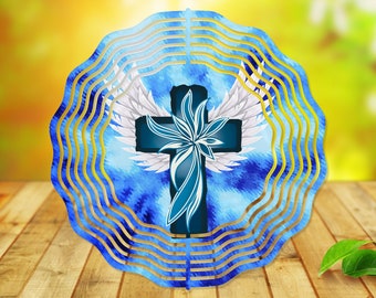 Wind Spinner Sublimation - Blue Cross and Wings - Wind Spinner Design - 10 Inch - PNG Download