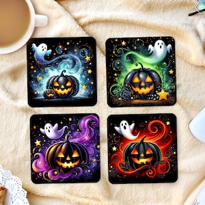 Posavasos cuadrados de sublimación - Posavasos de calabaza - 4 diseños individuales - Descarga PNG