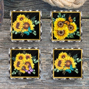 Sublimation Square Coasters - Sunflowers and Butterflies - Set of 4 Coaster Design - PNG Download
