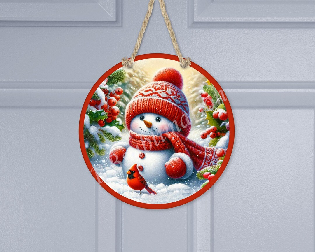 Round Sublimation Door Hanger PNG Design- Snowman With Cardinal - 12 ...
