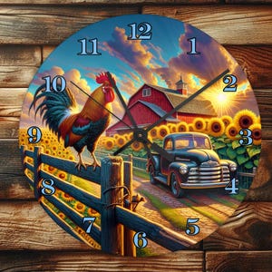 May include: A round wall clock with a farm scene. A colorful rooster sits on a wooden fence, with a red barn and black truck in the background. The clock face features large black numbers and hands.