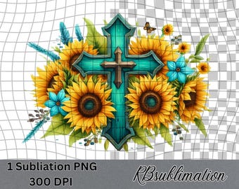 Teal Cross- Sunflowers - Watercolor Clipart - PNG Digital Clipart - Scrapbooking - Transparent Background